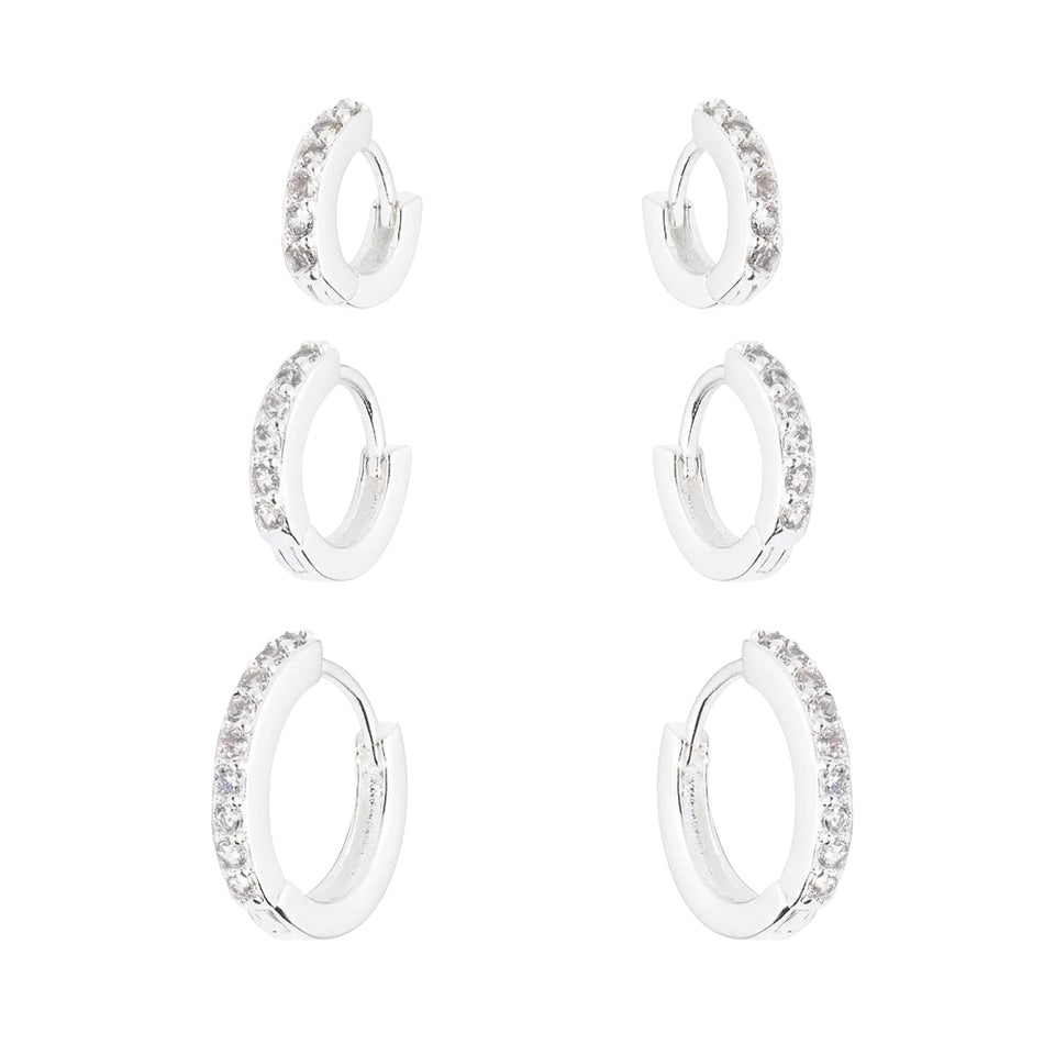 Trio de Argolas Cravejadas de Zircônias em Prata 925