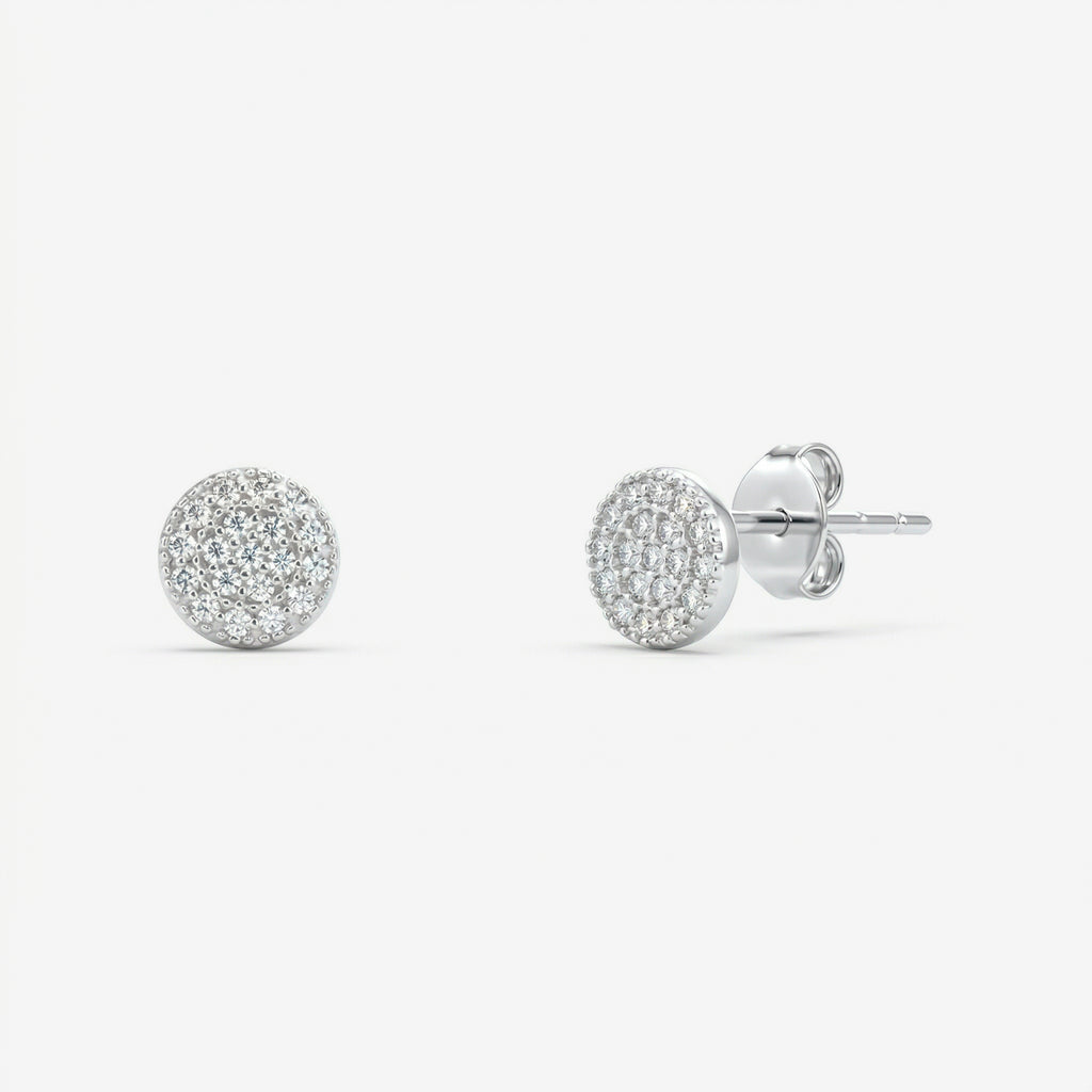Par de brincos Pavê em prata 925 com base circular totalmente cravejada com zircônias brancas em pavê e fecho tarracha