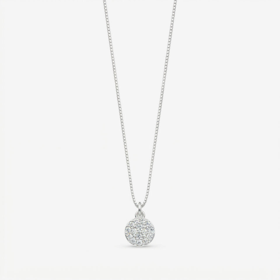 Colar Demi em prata 925 com pingente circular cravejado em zircônia e corrente veneziana V12 diamantada, vista completa