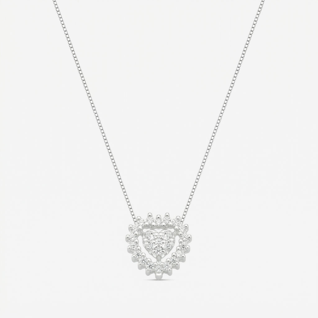 Colar Halo em prata 925 com pingente coração duplo cravejado em zircônia e corrente veneziana V12 diamantada, vista completa