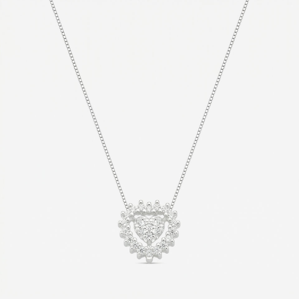 Colar Halo em prata 925 com pingente coração duplo cravejado em zircônia e corrente veneziana V12 diamantada, vista completa