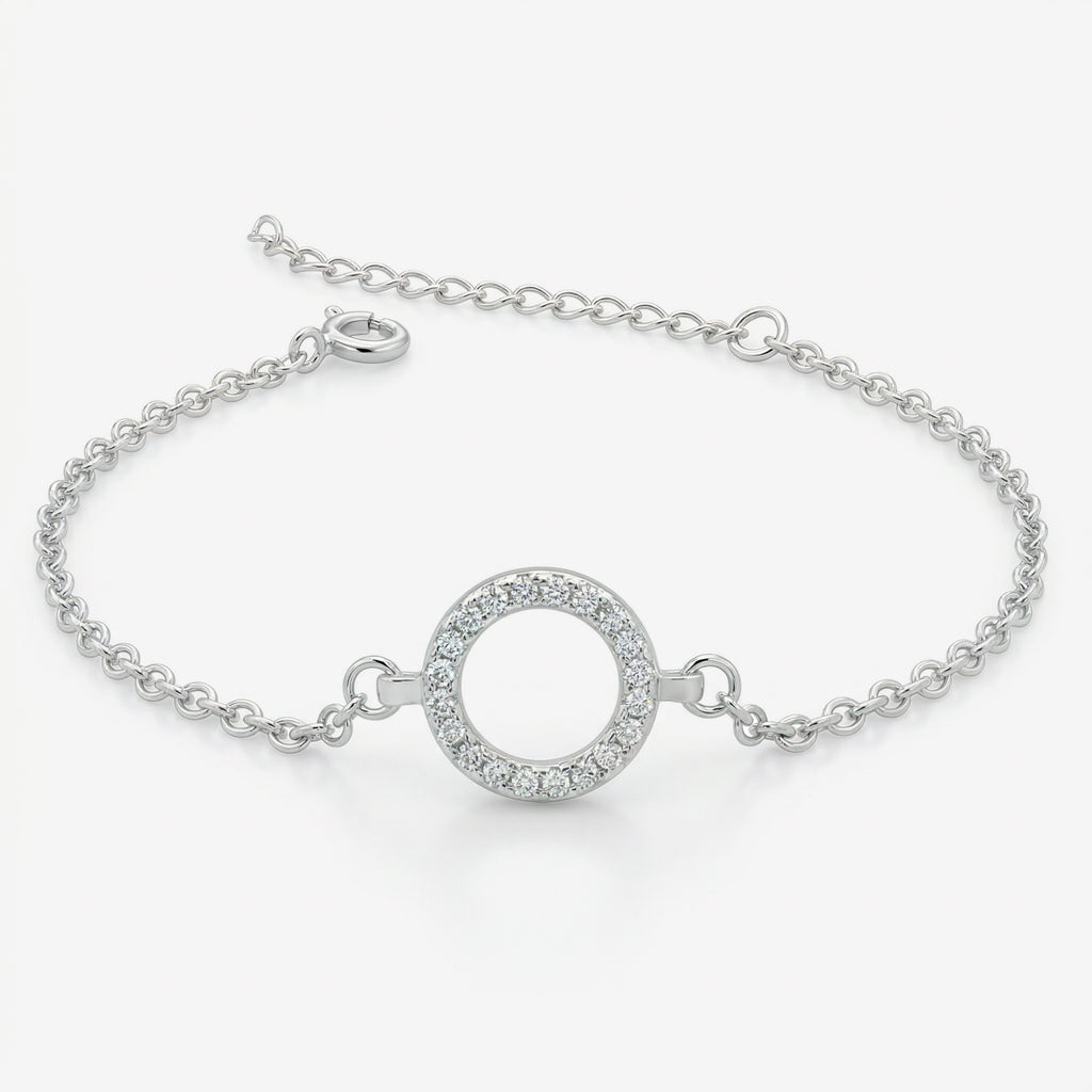 Pulseira Ara em prata 925 com círculo cravejado em zircônia e corrente elo português, vista frontal