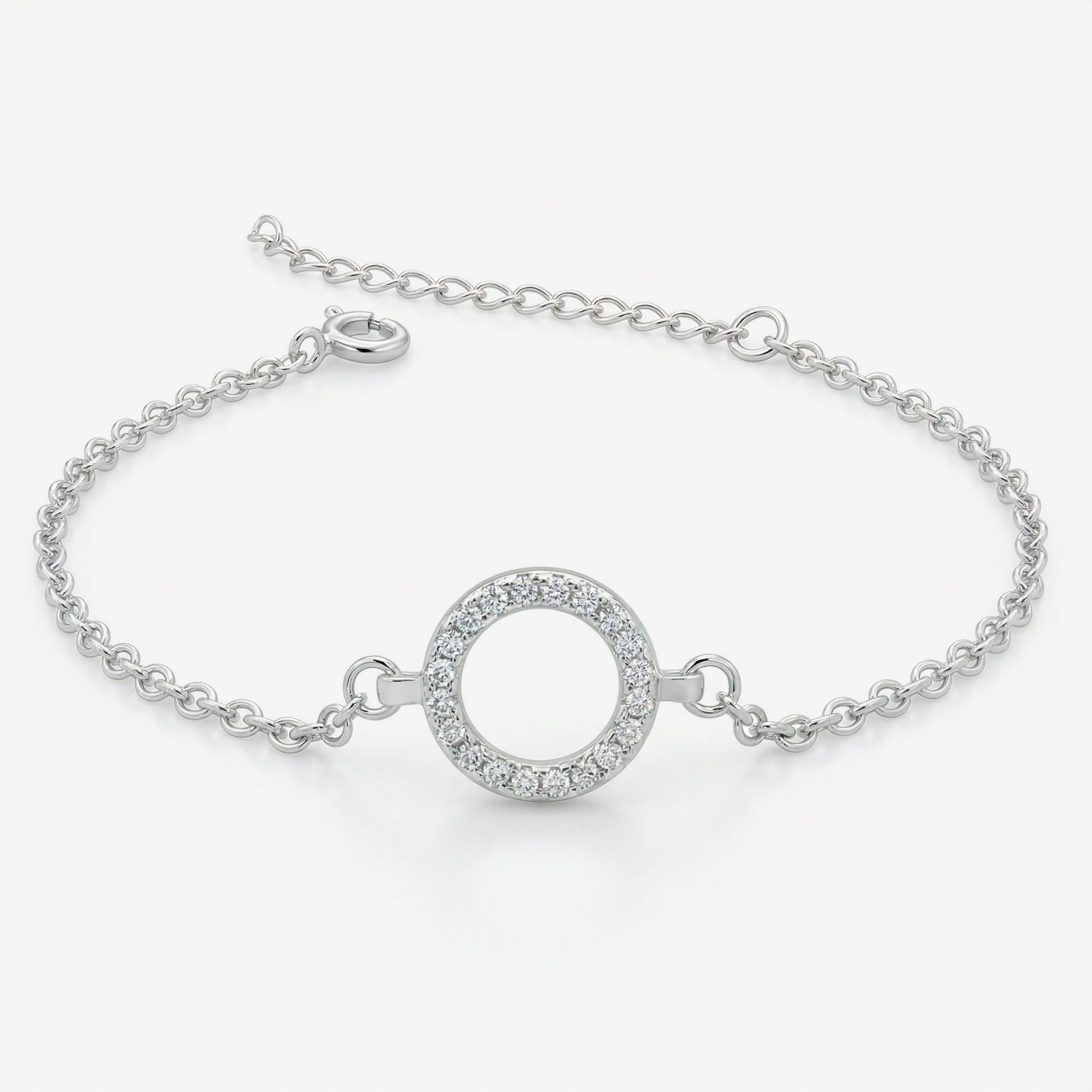 Pulseira Ara em prata 925 com círculo cravejado em zircônia e corrente elo português, vista frontal