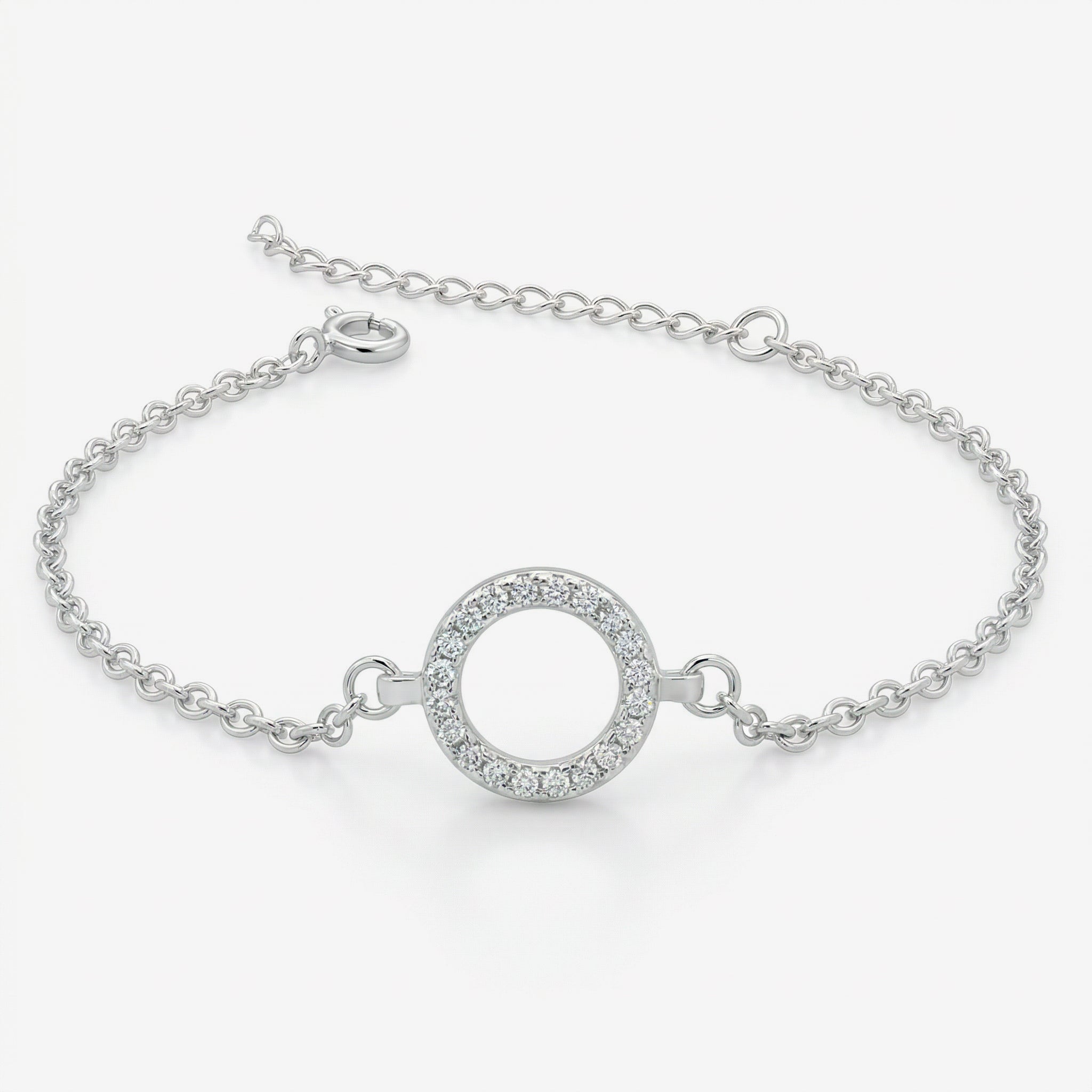 Pulseira Ara em prata 925 com círculo cravejado em zircônia e corrente elo português, vista frontal