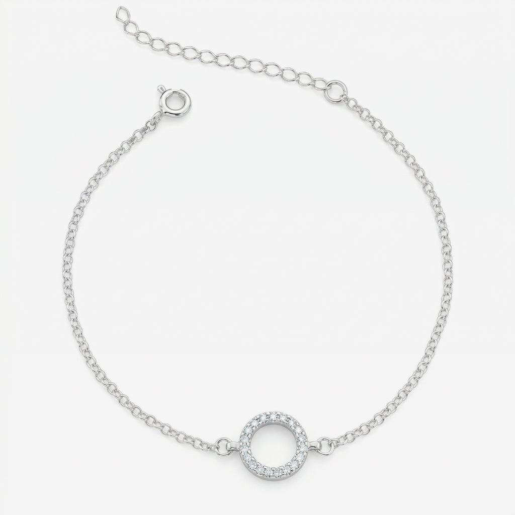 Pulseira Ara em prata 925 com pingente círculo cravejado, corrente elo português 040 e fecho boia com extensor regulável, vista superior