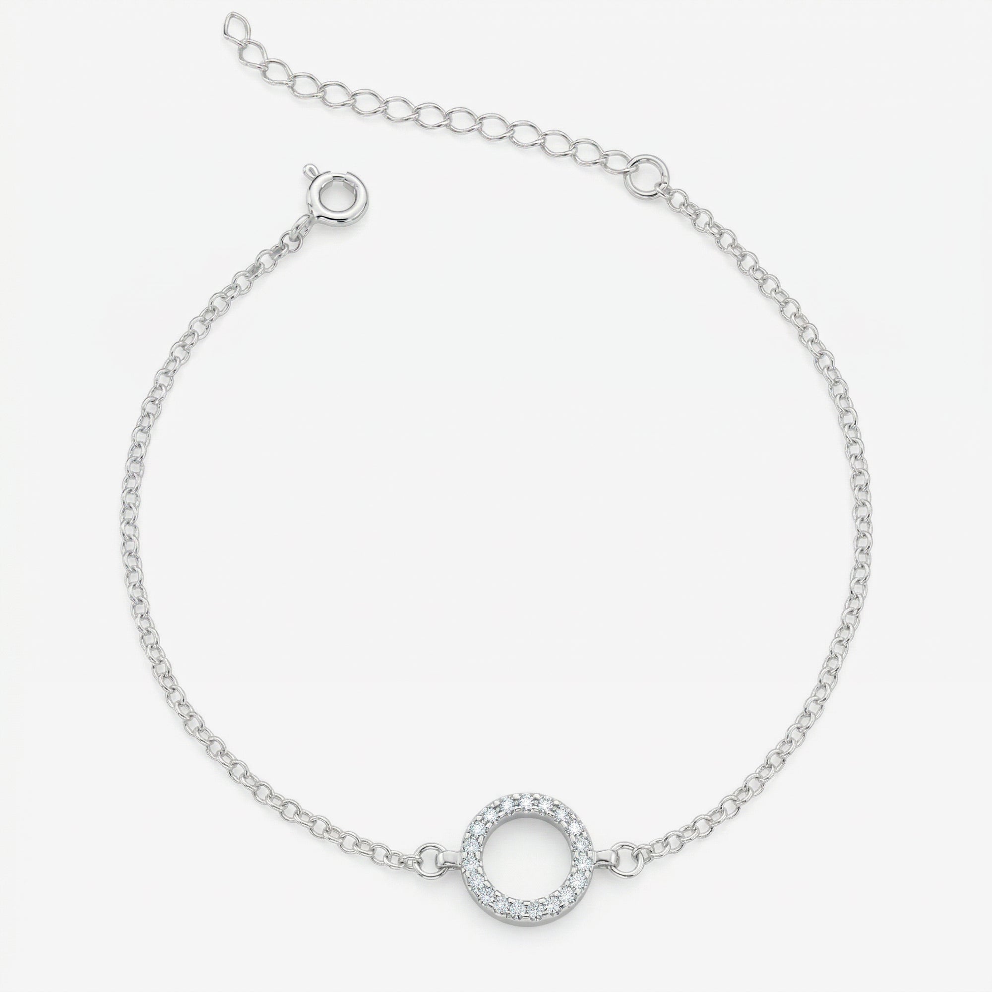 Pulseira Ara em prata 925 com pingente círculo cravejado, corrente elo português 040 e fecho boia com extensor regulável, vista superior
