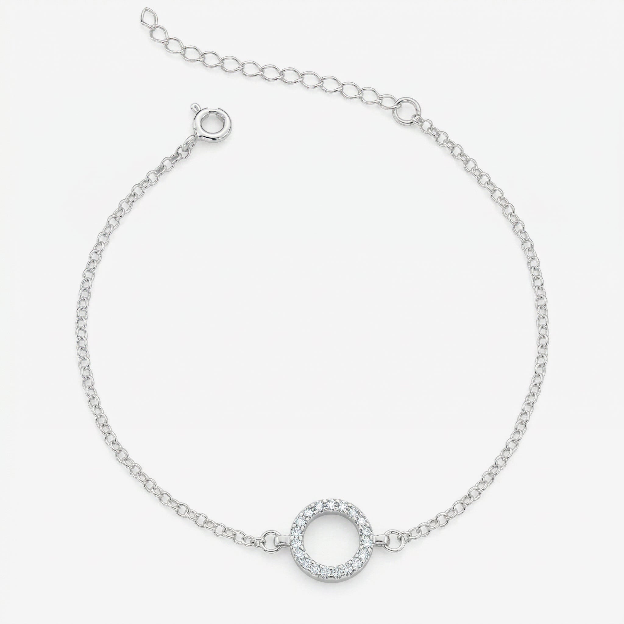 Pulseira Ara em prata 925 com pingente círculo cravejado, corrente elo português 040 e fecho boia com extensor regulável, vista superior