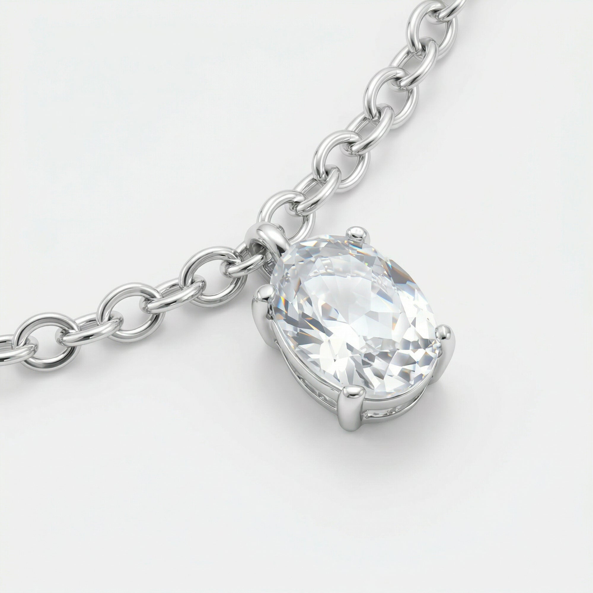 Detalhe da zircônia branca de corte oval pendente em prata 925 da Pulseira Cali