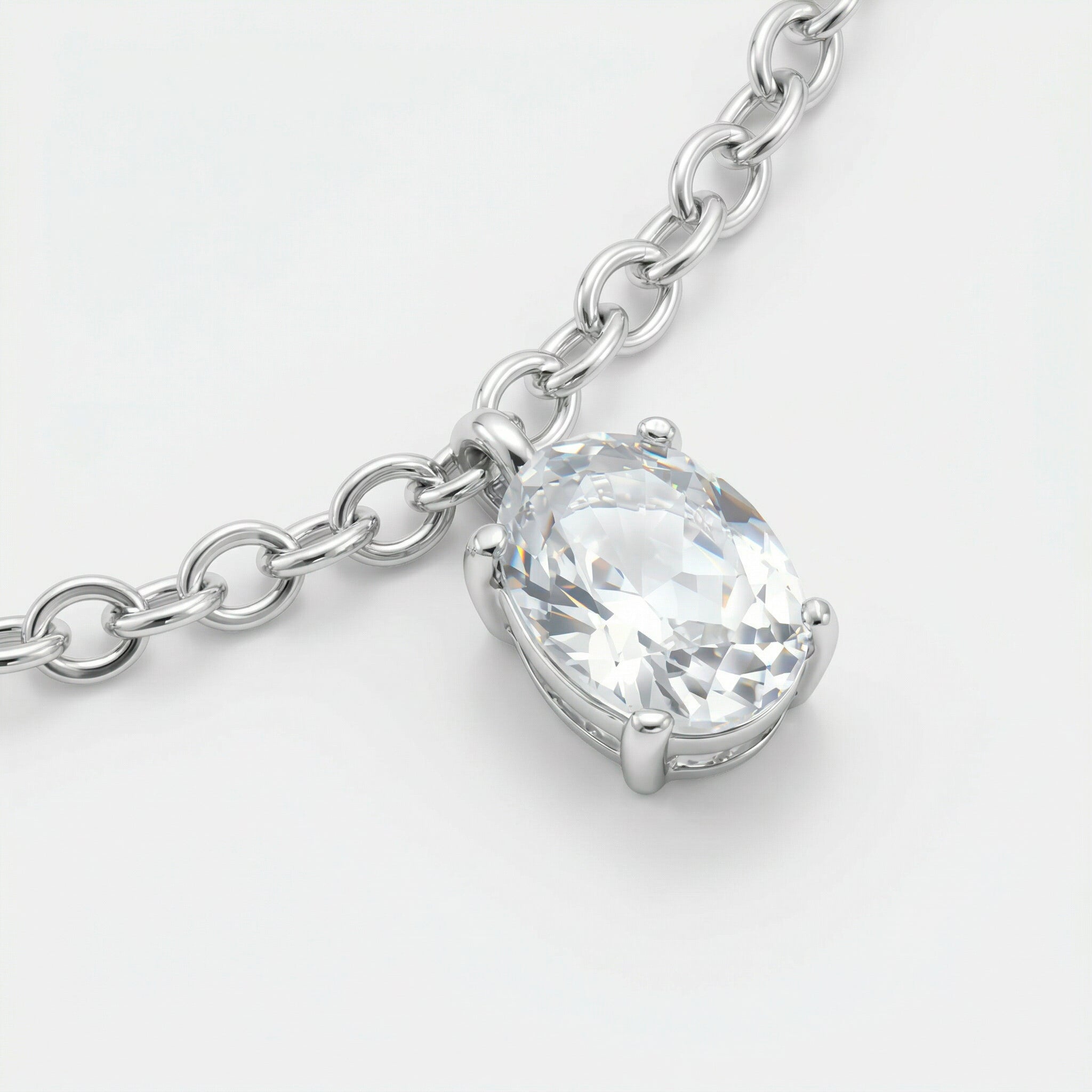 Detalhe da zircônia branca de corte oval pendente em prata 925 da Pulseira Cali