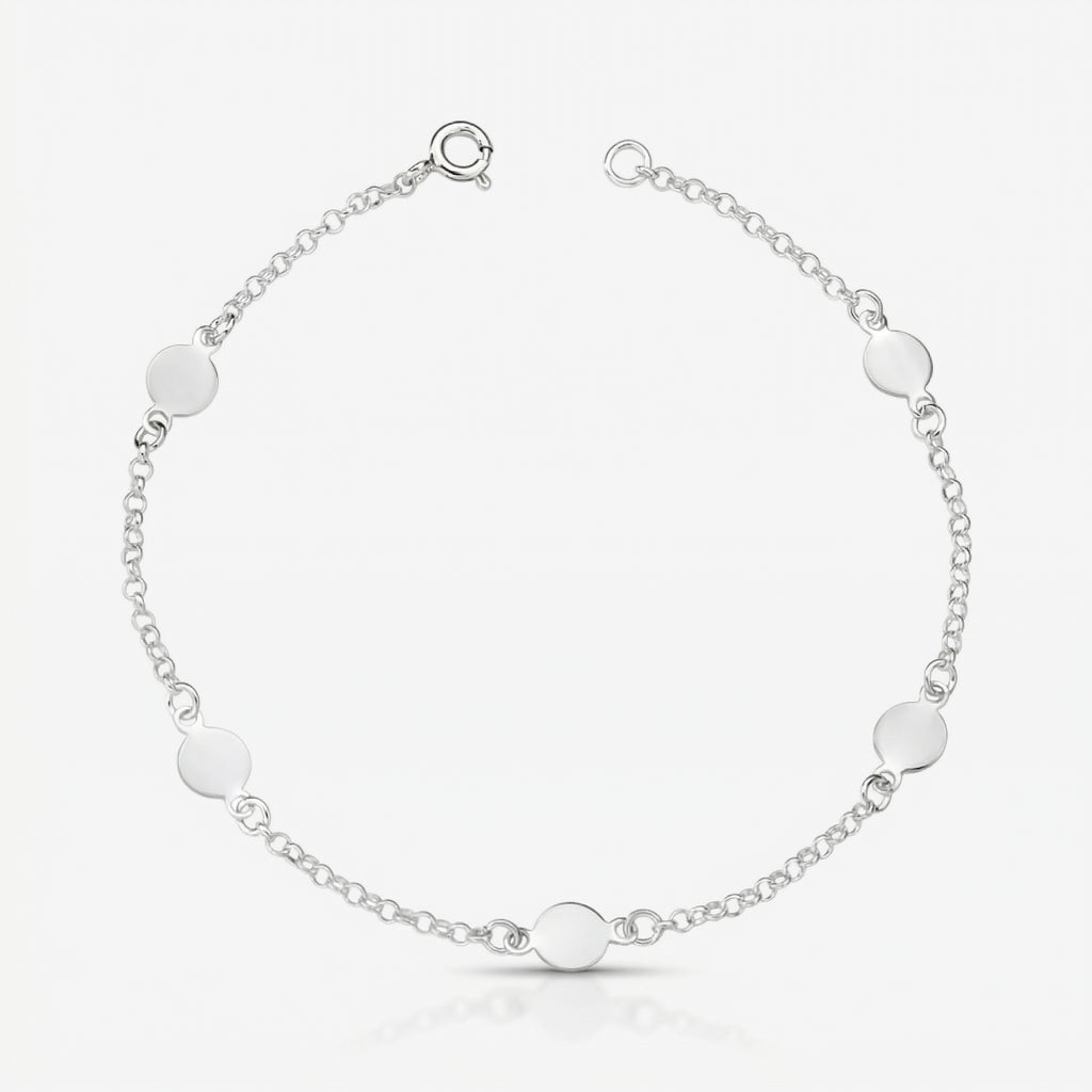 Pulseira Kali em prata 925 com cinco medalhas circulares lisas, corrente elo português 040 e fecho boia com extensor regulável, vista superior