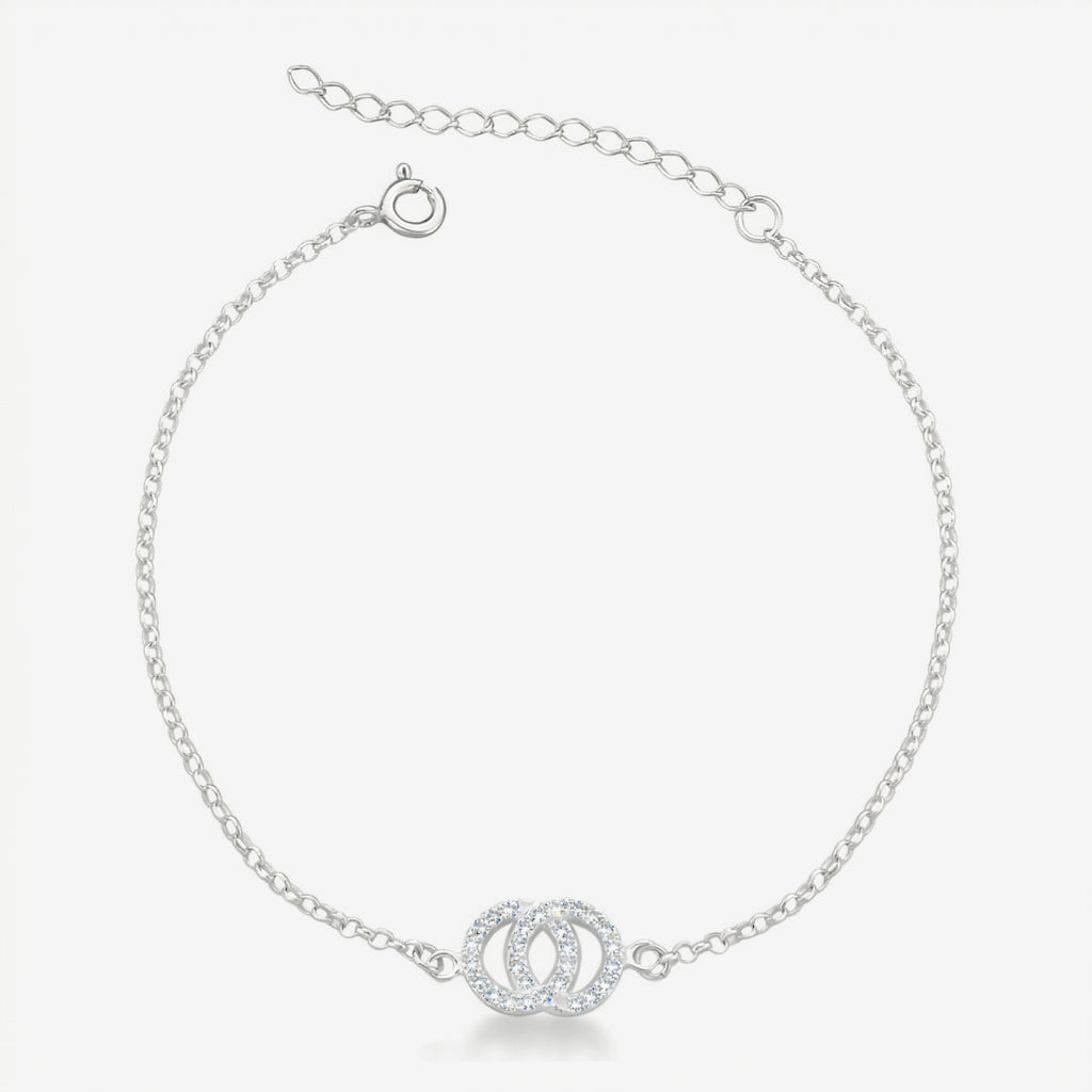 Pulseira Lune em prata 925 com dois círculos entrelaçados cravejados, corrente elo português 040 e fecho boia com extensor regulável, vista superior